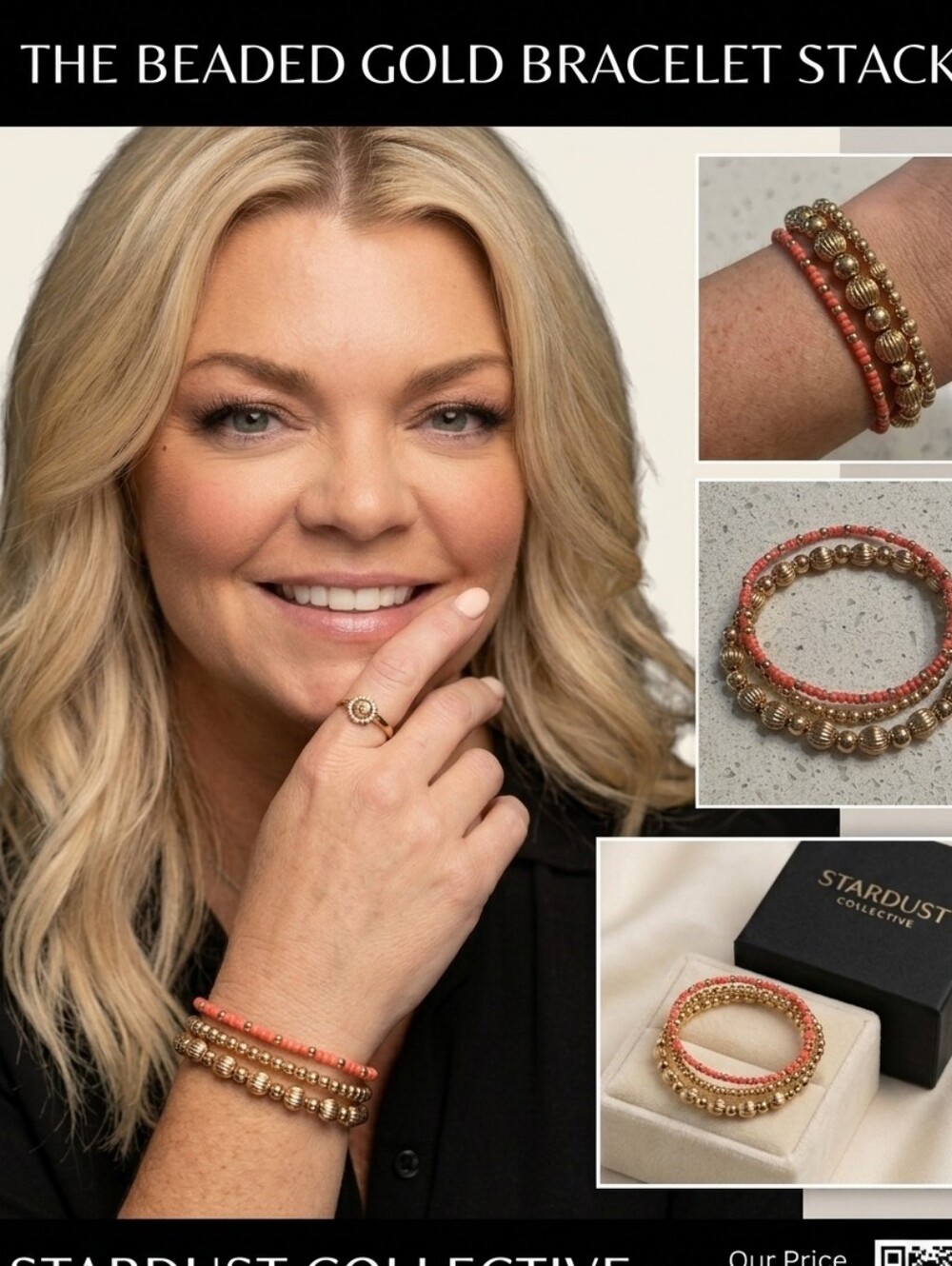Plunder Beaded Gold Bracelet Stack in Coral and Gold (D)